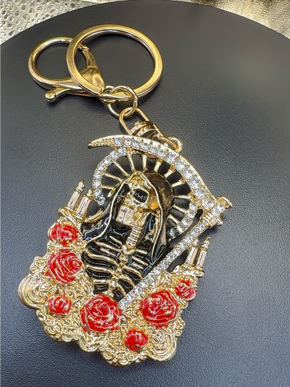 Gold Skeleton & Red Rose Keychain Charm